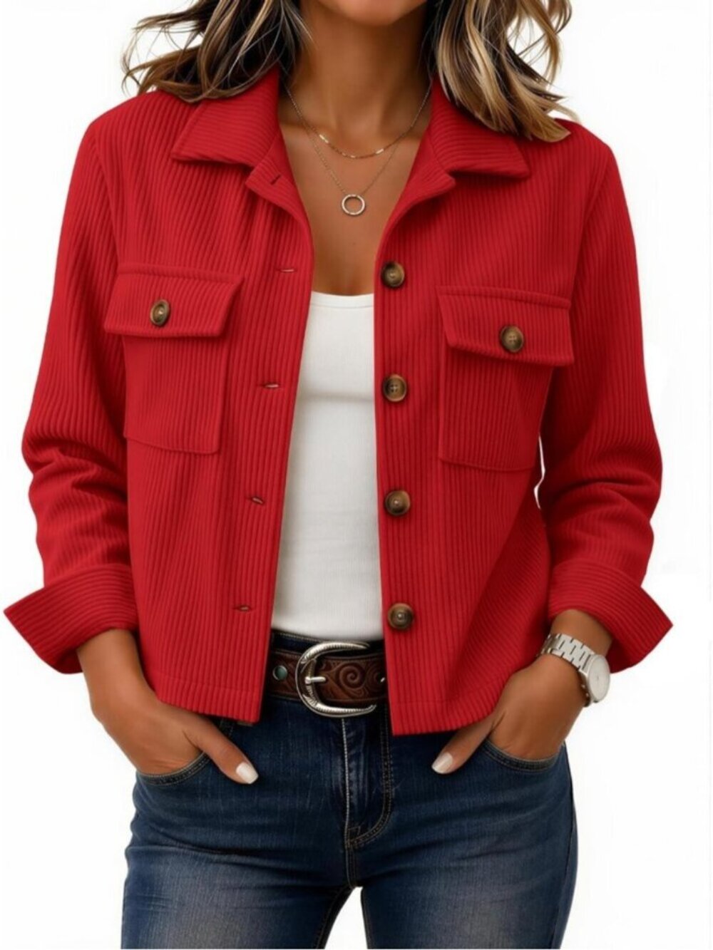 Womens Burgundy Ribbed Knit Button-Down Flap Pockets Long Sleeve Cropped Shacket